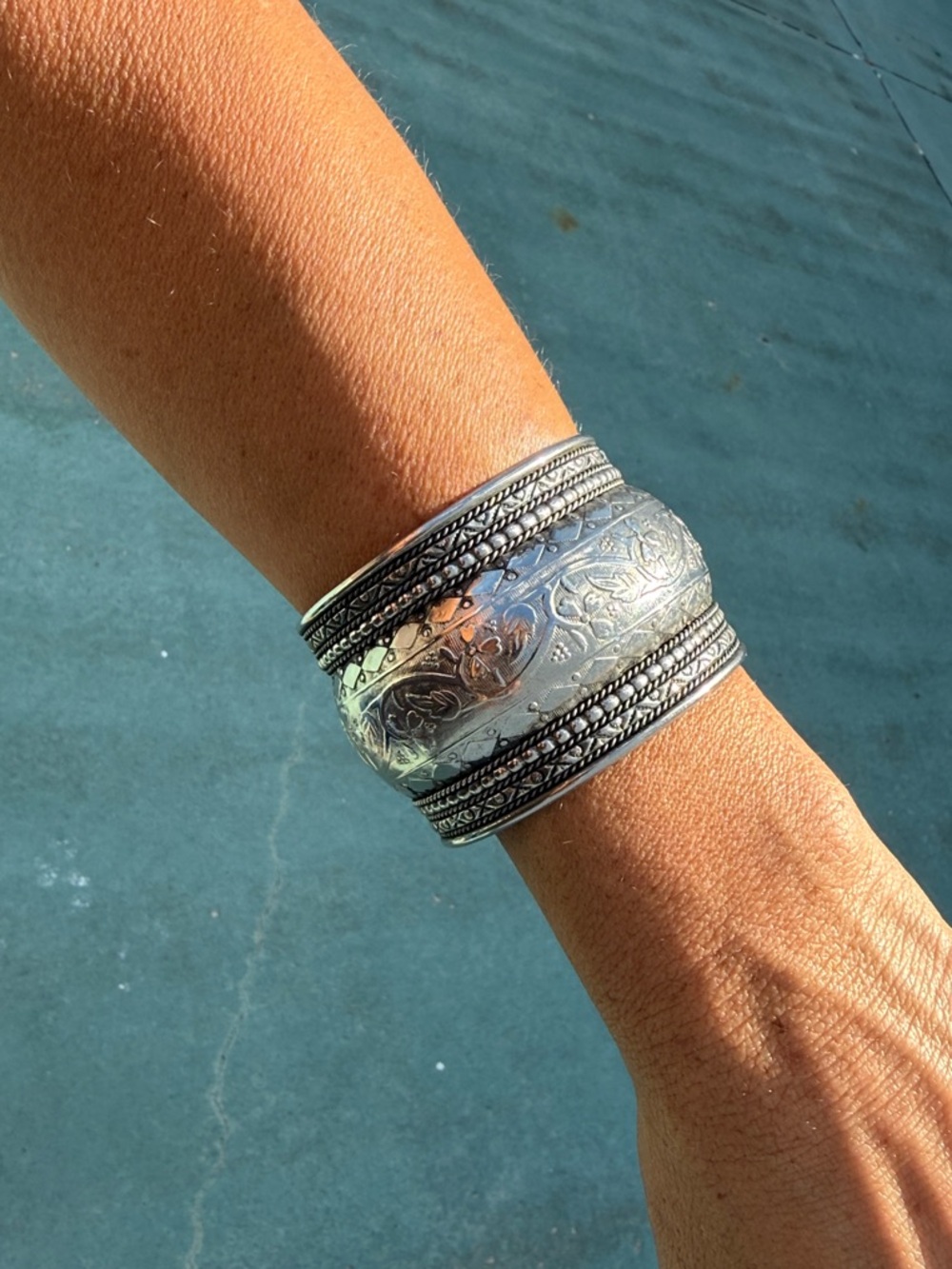 Ornate Silver-Tone Engraved Cuff Bracelet - Women Jewelry
